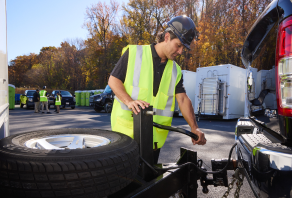 Securing a restroom trailer to a Gotugo truck