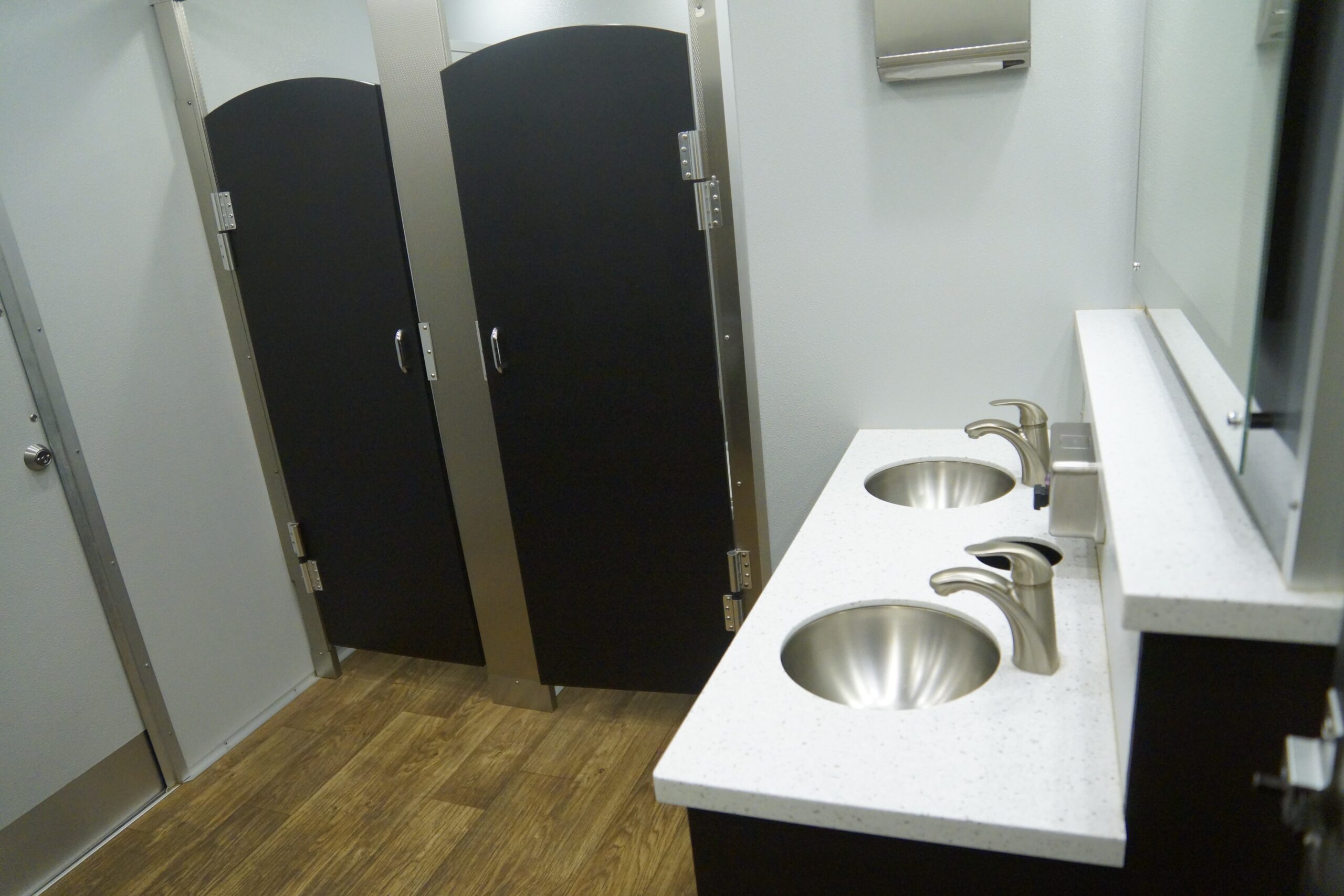 24-Foot Restroom Trailer stalls and sink